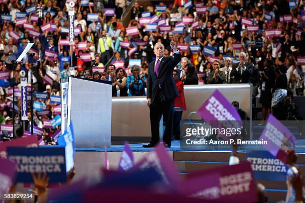 Former New York City Mayor Michael Bloomberg gestures to attendees after delivering remarks on the third day of the Democratic National Convention at...