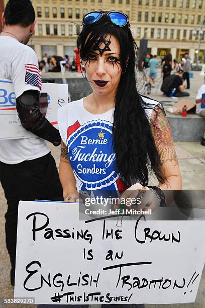 Bernie Sanders supporters gather near City Hall on day three of the Democratic National Convention on July 27, 2016 in Philadelphia, Pennsylvania....