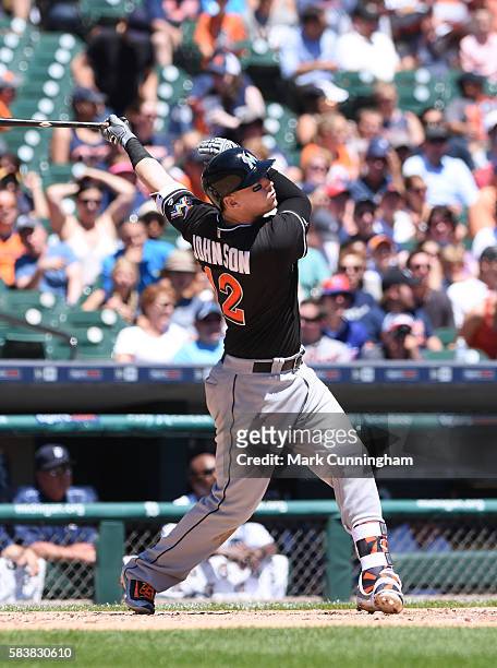 Chris Johnson of the Miami Marlins bats during the game against the Detroit Tigers at Comerica Park on June 29, 2016 in Detroit, Michigan. The Tigers...