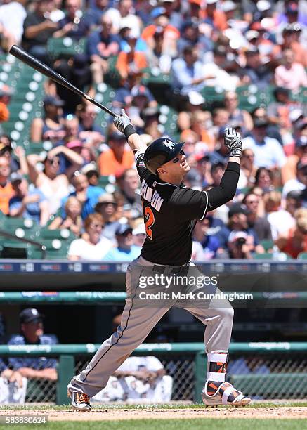 Chris Johnson of the Miami Marlins bats during the game against the Detroit Tigers at Comerica Park on June 29, 2016 in Detroit, Michigan. The Tigers...