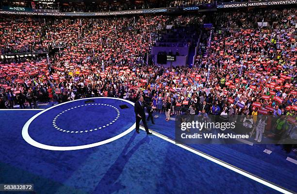 Vice President nominee Tim Kaine acknowledges the crowd prior to delivering remarks on the third day of the Democratic National Convention at the...