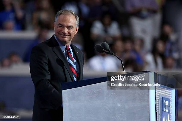 Vice President nominee Tim Kaine acknowledges the crowd on the third day of the Democratic National Convention at the Wells Fargo Center, July 27,...