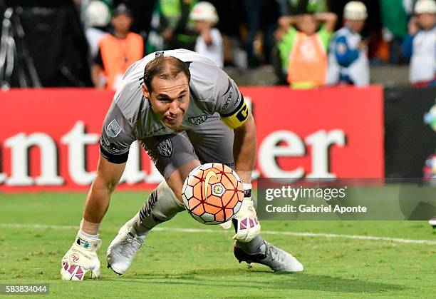 Libardo Azcona goalkeeper of Independiente del Valle jumps for the balll during a second leg final match between Atletico Nacional and Independiente...
