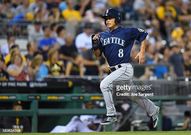 Norichika Aoki of the Seattle Mariners scores during the sixth inning during inter-league play against the Pittsburgh Pirates on July 27, 2016 at PNC...