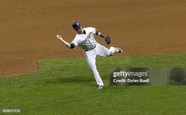 Jake Elmore of the Milwaukee Brewers throws to first base in the fifth inning against the Arizona Diamondbacks at Miller Park on July 27, 2016 in...