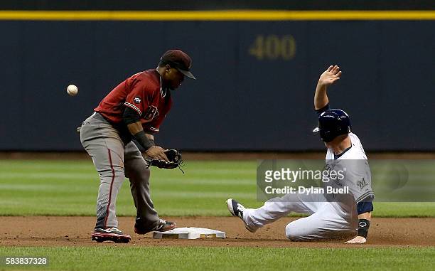 Jean Segura of the Arizona Diamondbacks missing a throw as Jake Elmore of the Milwaukee Brewers slides into second base in the fourth inning at...