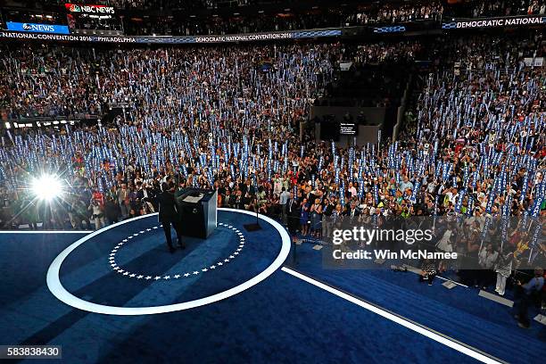 President Barack Obama delivers remarks on the third day of the Democratic National Convention at the Wells Fargo Center, July 27, 2016 in...