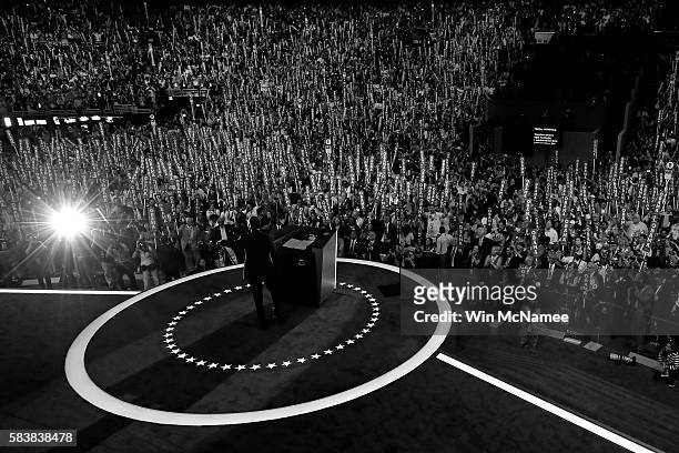 President Barack Obama delivers remarks on the third day of the Democratic National Convention at the Wells Fargo Center, July 27, 2016 in...