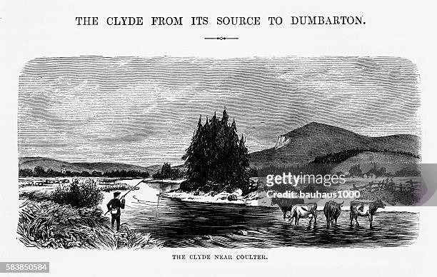 ilustraciones, imágenes clip art, dibujos animados e iconos de stock de río clyde cerca de coulter, inglaterra grabado victoriano, alrededor de 1840 - clyde river