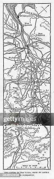 ilustraciones, imágenes clip art, dibujos animados e iconos de stock de mapa del curso del río clyde, inglaterra grabado victoriano, 1840 - clyde river