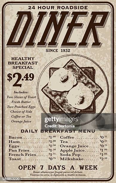 old fashioned retro roadside diner advertisement - poached egg stock illustrations