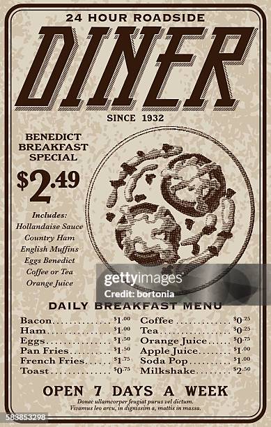 old fashioned retro roadside diner advertisement - eggs benedict stock illustrations