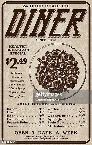 old fashioned retro roadside diner advertisement - granola stock illustrations