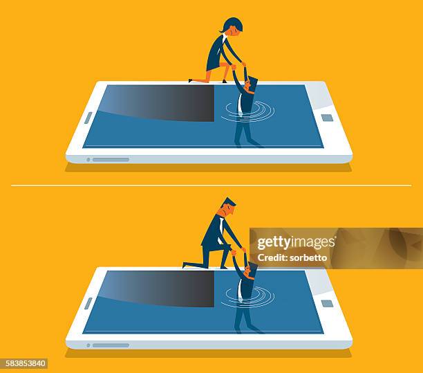 businessman drowning in a digital tablet - excess icon stock illustrations