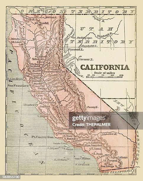 ilustraciones, imágenes clip art, dibujos animados e iconos de stock de viejo mapa de california 1855 - california