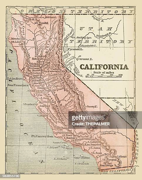 illustrazioni stock, clip art, cartoni animati e icone di tendenza di vecchia mappa della california 1855 - cartographer