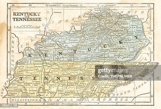 map of kentucky and tennessee 1855 - tennessee v kentucky stock illustrations