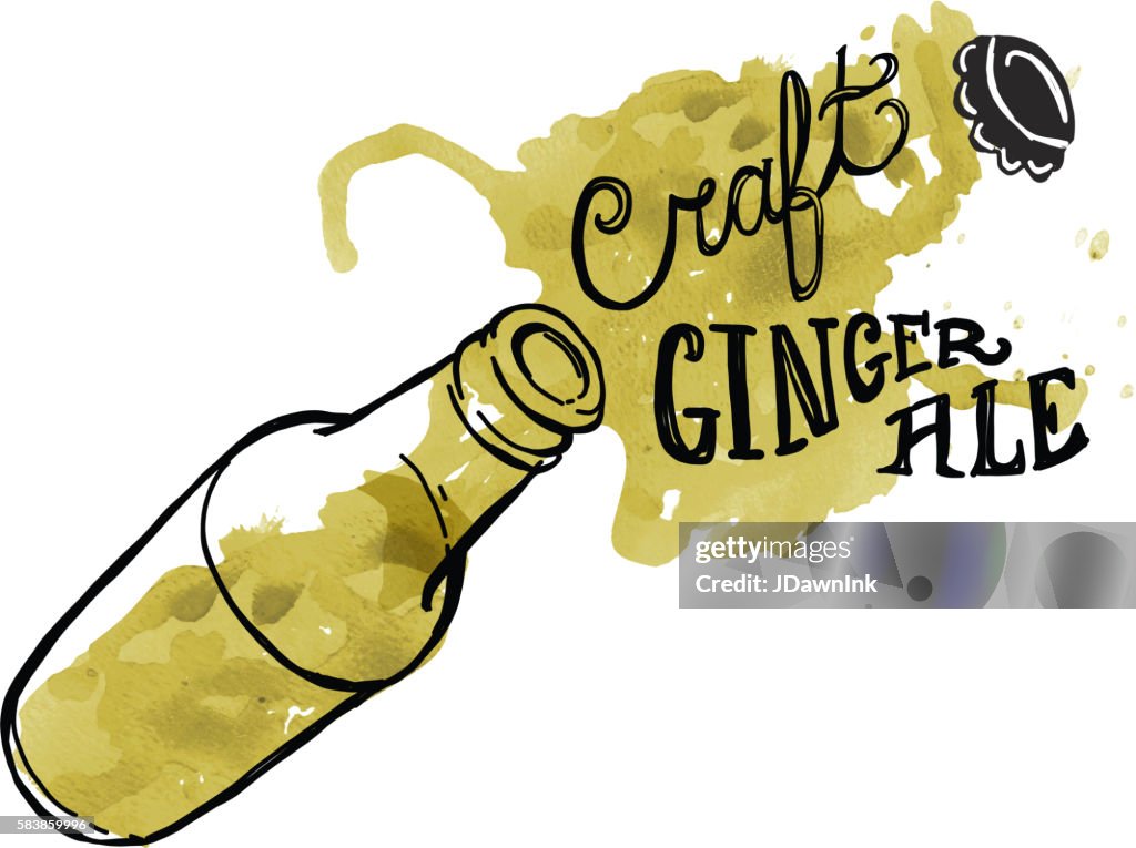 Etiqueta de ginger ale artesanal y botella en acuarela