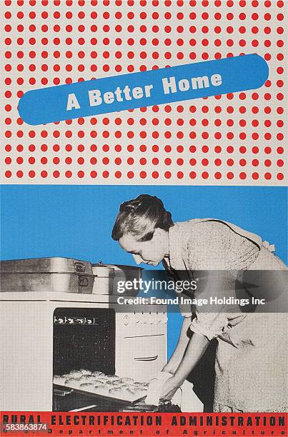 Vintage color photograph of a ‘Rural Electrification Program’ poster featuring a woman sliding baked rolls out of an oven, 1940s. Graphic colors...