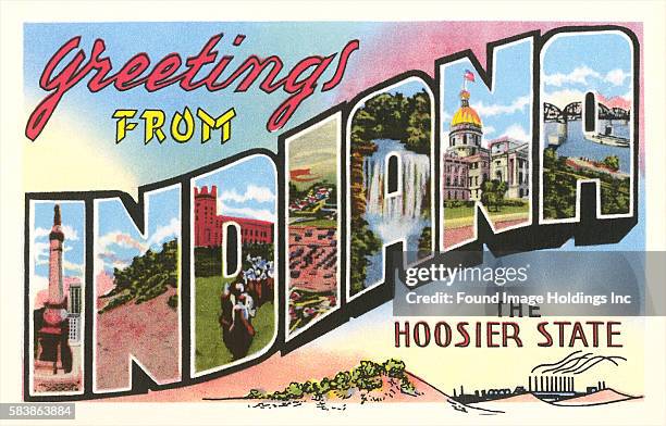 Vintage illustration of Greetings from Indiana, the Hoosier State, large letter vintage postcard, 1940s.