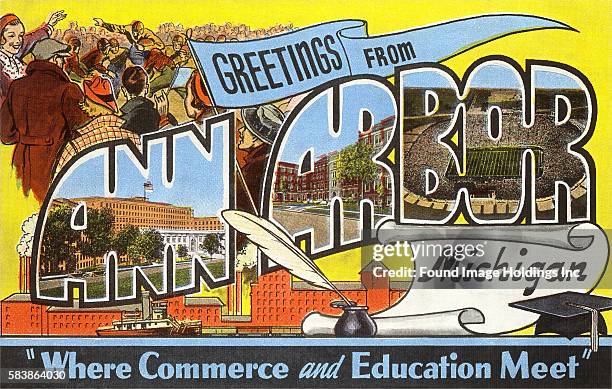 Vintage illustration of Greetings from Ann Arbor, Michigan, Where Commerce and Education Meet, large letter vintage postcard, 1930s.