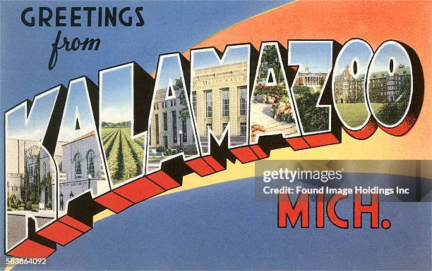 Vintage illustration of Greetings from Kalamazoo, Michigan large letter vintage postcard, 1930s.
