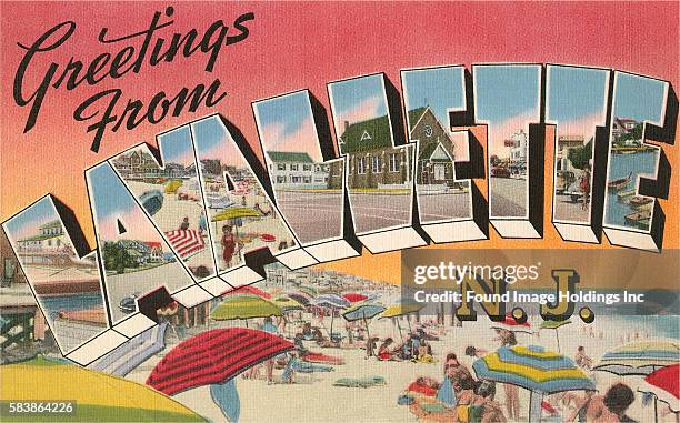 Vintage illustration of Greetings from Lavallette, New Jersey large letter vintage postcard, 1940s.