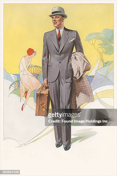 Vintage illustration of The Well-Dressed Traveling Man, 1930s.