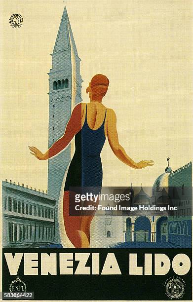 Vintage illustration of Travel Poster for the Lido, Venice, Italy, 1950s.
