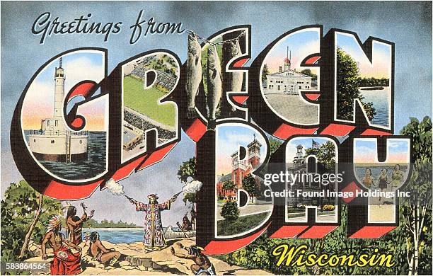 Vintage illustration of Greetings from Green Bay, Wisconsin large letter vintage postcard, 1930s.