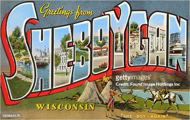 Vintage illustration of Greetings from Sheboygan, Wisconsin large letter vintage postcard, 1940s.