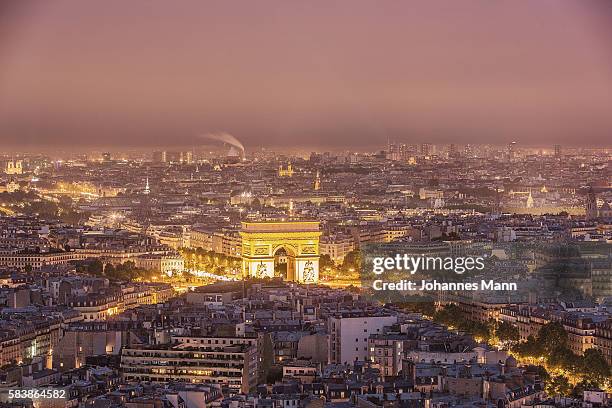 paris - arc de triomphe aerial view stock-fotos und bilder