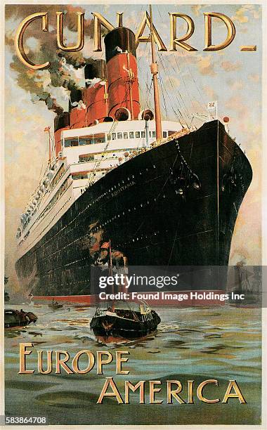 Vintage illustration of Vintage Travel Poster for Cunard Line, Europe, America, 1910s.