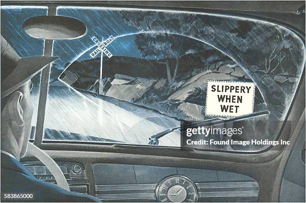 Vintage illustration of Slippery When Wet, Road Sign, 1940s.
