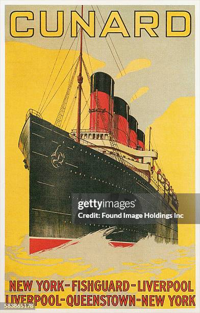 Vintage illustration of Vintage Travel Poster for Cunard Line, New York - Fishguard - Liverpool - Queenstown - New York, 1910s.