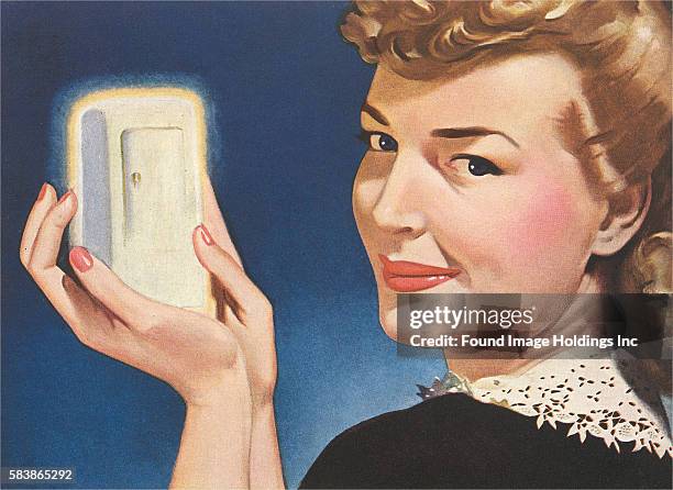 Vintage illustration of a woman holding a miniature fridge, 1940s.