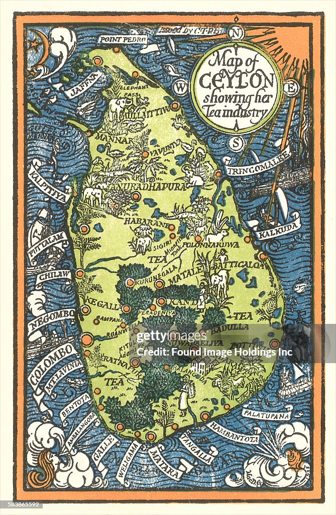 Vintage illustration of Map of Ceylon Tea Industry Sites, 1910s. News ...