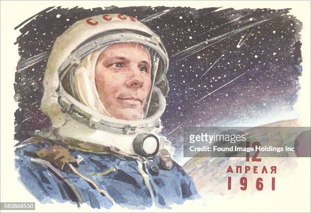 Vintage illustration of ’Yuri Gagarin in Cosmonaut Outfit, CCCP, First man in space, April 12, 1961’, 1960s.