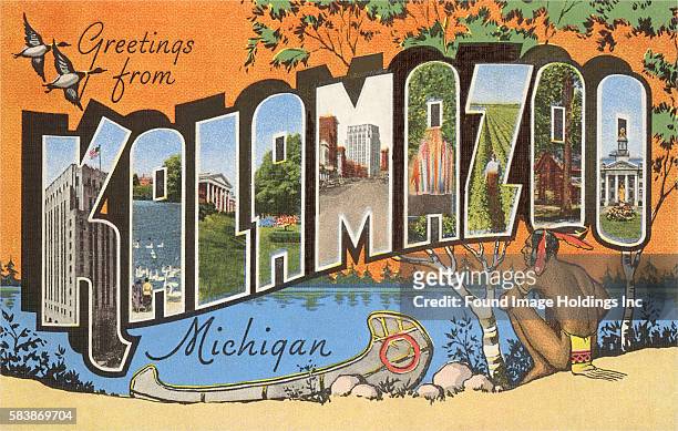 ‘Greetings from Kalamazoo, Michigan’ large letter vintage postcard, 1930s.