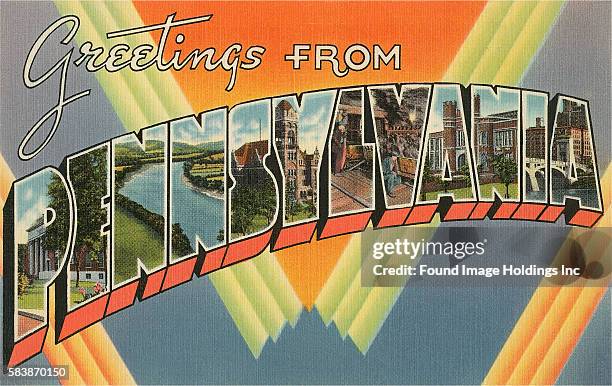 Vintage large letter postcard illustration, ‘Greetings from Pennsylvania’, showing scenes from the state against an angular background of blue,...