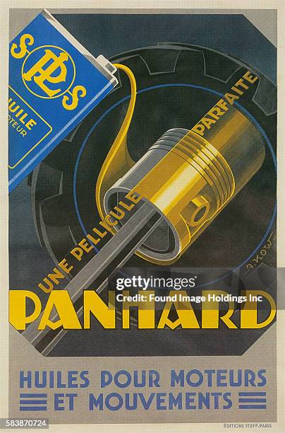 Vintage illustration of an advertisement for motor oil with oil flowing from a can and enveloping a piston. A perfect film - Oils for motors and...