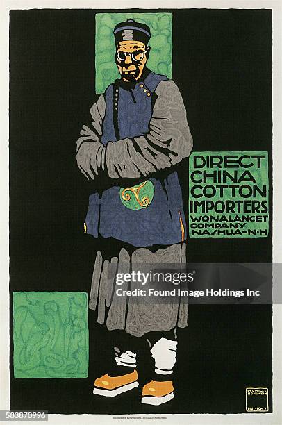 Vintage illustration of an old Asian man wearing traditional Chinese clothes ‘Direct China Cotton Importers, Wonalancet Company, Nashua - N.H.’,...