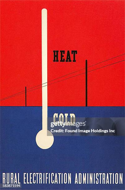 Vintage illustration of the outline of a thermometer imposed on a red and blue landscape with only telephone polls and wires ‘Heat Cold, Rural...