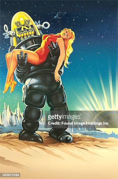 Vintage illustration of a robot carrying an unconscious voluptuous young blonde woman in skin-tight clothing on a barren alien landscape, 1960s.