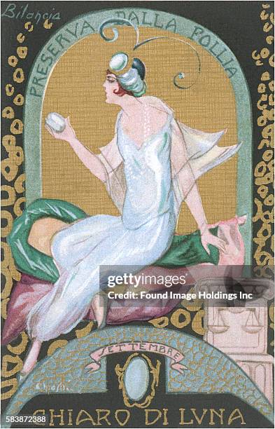 Vintage Italian illustration for the month of September showing a seated woman holding a moonstone, Art Deco period,1920s. Italian text reads,...