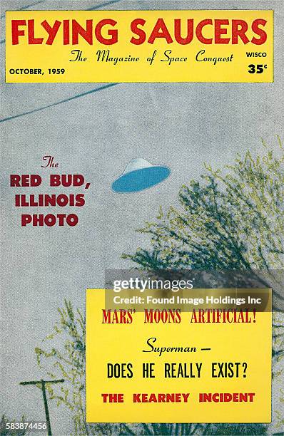 Vintage illustrated magazine cover, ‘Flying Saucers, The Magazine of Space Conquest, October The Red Bud, Illinois Photo, Mars’ Moons Artificial!,...