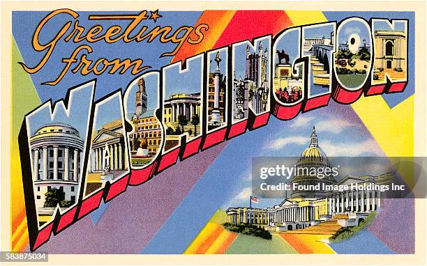 Vintage large letter postcard illustration, ‘Greetings from Washington’, showing important landmarks and the United States Capitol Building in...