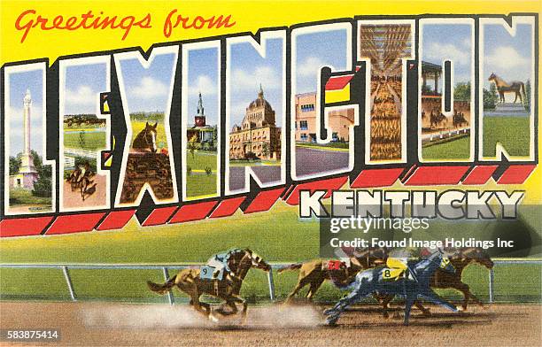 Vintage large letter postcard illustration, ‘Greetings from Lexington, Kentucky’, showing scenes from the area, including horses racing on a...