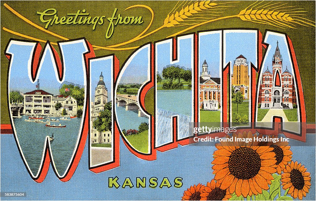 Vintage large letter postcard illustration, ‘Greetings from Wichita ...