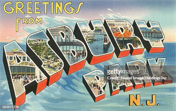 Vintage large letter postcard illustration, ‘Greetings from Asbury Park, N. J.’, showing the ocean and beach scenes in Asbury Park, New Jersey, 1930s.